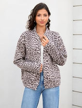 luvamia Women Leopard Print Bomber Jacket Oversized Wool Blend Fall Outfits Brushed, Cheetah, Animal Print Jackets, Stand Collar, Snap Button, Elastic Hem, Winter Coats with Pockets, Western Outfits