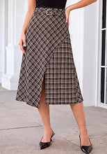 luvamia Plaid Midi Skirts for Women High Waist A-Line Fall Skirt with Belt Front Slit Opening, Asymmetrical Front Hem, Overlapping Front Panel, Diagonal Plaid Pattern, Back Elastic Waist, Fall Outfits
