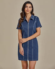 LUVAMIA Women's Short Sleeve Slim Tight Shirt-Neck Symmetrical Simple Versatile Denim Dress