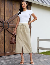 luvamia FleXclusive Jean Skirts for Women High Waisted Midi Denim Drawstring Elastic Waist Long Skirt with Pockets Front Slit