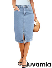 LUVAMIA Women's Brief Denim Midi Knee-Length Skirt Vintage Split High-Waist