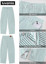 luvamia Barrel Jeans for Women Trendy Baggy Wide Leg Striped High Waisted Cropped Casual Pinstripe Stretchy Denim Pants
