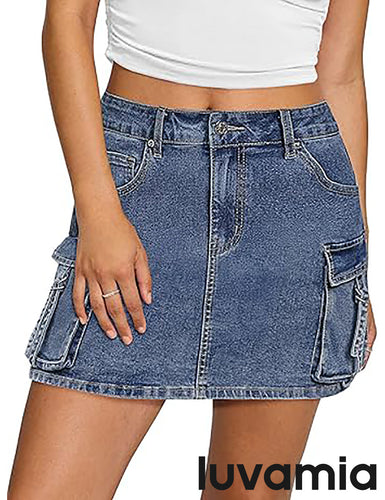 Luvamia Jean Skirts for Women Denim Mini High Waist  Pocket Casual Skirt
