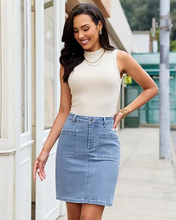 luvamia FleXclusive Jean Skirts for Women High Waisted Trendy Stretchy A-line Contrast Stitching Patch Pocket Short Denim Skirt