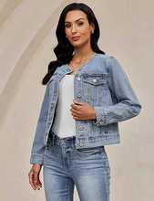 luvamia FleXclusive Women's Button Down Long Sleeves Crew Neck Denim Jacket