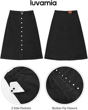 luvamia FleXclusive Jean Skirts for Women Trendy Midi Length A Line Western Casual Button Down Stretchy Denim Skirt with Pockets