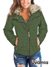 luvamia Women Casual Warm Winter Faux Fur Quilted Parka Lapel Zip Jacket Puffer Coat