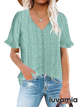 luvamia Women's Casual V Neck Tops Ruffle Short Sleeve Blouses Button Down Shirts