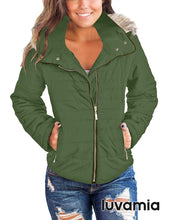 luvamia Women Casual Warm Winter Faux Fur Quilted Parka Lapel Zip Jacket Puffer Coat