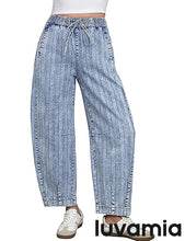 luvamia FleXclusive Barrel Jeans Women Trendy Striped Cropped High Waisted Pull On Elastic Waist Wide Leg Casual Stretch Denim Pants