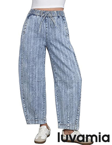 luvamia FleXclusive Barrel Jeans Women Trendy Striped Cropped High Waisted Pull On Elastic Waist Wide Leg Casual Stretch Denim Pants