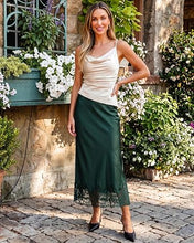 luvamia Satin Maxi Skirt Elastic Waist Lace Trim Long Slip Skirts for Women Long Satin Skirt, Silky Fabric, Bias Cut, Easy Pull On Elastic Waistband, Straight Silhouette, Lace Hem Slip Skirt