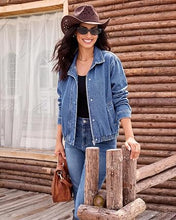 luvamia Jean Jacket Women Funnel Neck Zip Up Oversized Casual Denim Jackets Long Sleeve Short Jackets for Women, Elastic Hem Detail, Side Slant Pockets, Drop Shoulder, No Stretch, Western Fall Outfits