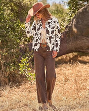 luvamia Faux Suede Cow Print Fall Jackets For Women Cropped Jacket Shacket Faux Leather, Full Lining, Button Down Shackets For Women With Pockets, Oversized Fall Outerwear, Cowgirl Outfits For Women