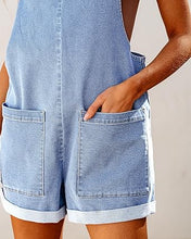 LUVAMIA Women's Denim Jumpsuit Overall Adjustable Sleeveless Stretch Short Romper Jean.