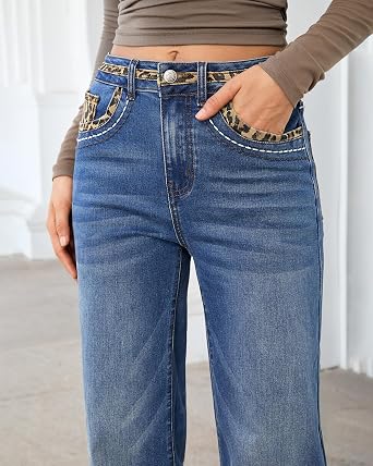 luvamia FleXcLusive Wide Leg Jeans for Women High Waisted Leopard Patchwork Denim Pants Stretchy, Baggy Straight Leg, 29.5
