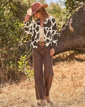 luvamia Faux Suede Cow Print Fall Jackets For Women Cropped Jacket Shacket Faux Leather, Full Lining, Button Down Shackets For Women With Pockets, Oversized Fall Outerwear, Cowgirl Outfits For Women