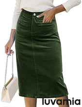 LUVAMIA 2025 Fall Winter Women's Corduroy Midi Skirt - High Waist Elastic Waistband Comfort Casual Solid Color Skirt