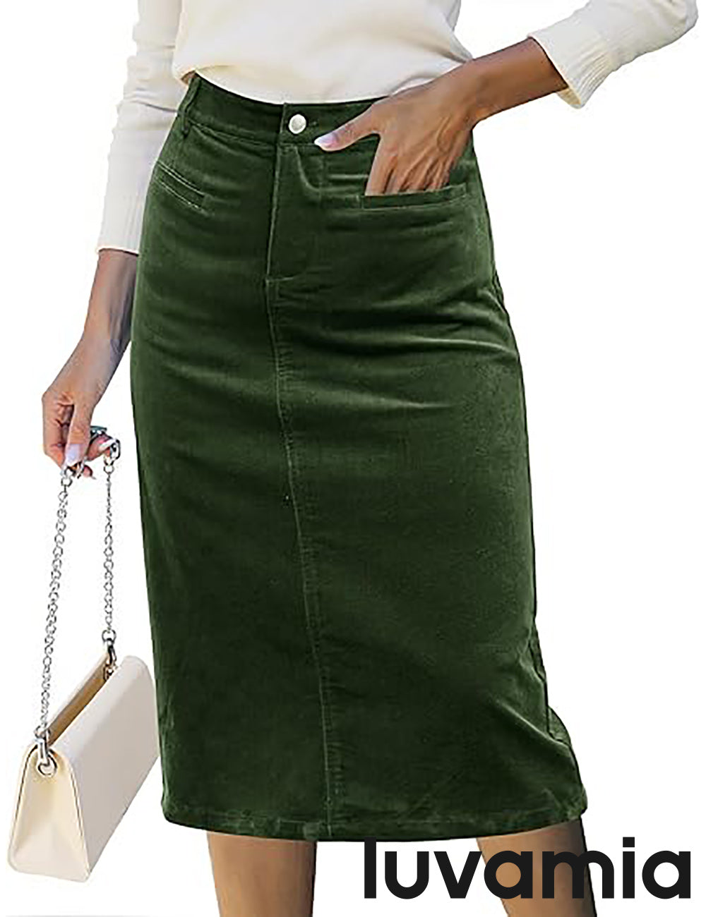 LUVAMIA 2025 Fall Winter Women's Corduroy Midi Skirt - High Waist Elastic Waistband Comfort Casual Solid Color Skirt