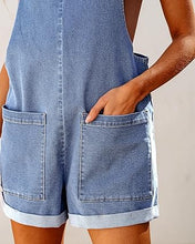 LUVAMIA Women's Denim Jumpsuit Overall Adjustable Sleeveless Stretch Short Romper Jean.