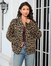 luvamia Women Leopard Print Bomber Jacket Oversized Wool Blend Fall Outfits Brushed, Cheetah, Animal Print Jackets, Stand Collar, Snap Button, Elastic Hem, Winter Coats with Pockets, Western Outfits
