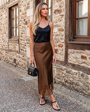 luvamia Satin Maxi Skirt Elastic Waist Lace Trim Long Slip Skirts for Women Long Satin Skirt, Silky Fabric, Bias Cut, Easy Pull On Elastic Waistband, Straight Silhouette, Lace Hem Slip Skirt
