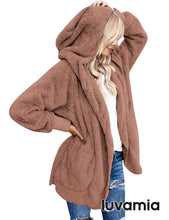 luvamia Women Fuzzy Fleece Open Front Pocket Hooded Cardigan Jacket Coat Outwear