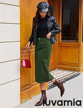 LUVAMIA 2025 Fall Winter Women's Corduroy Midi Skirt - High Waist Elastic Waistband Comfort Casual Solid Color Skirt