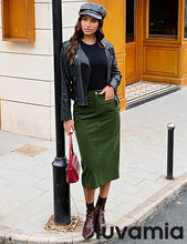 LUVAMIA 2025 Fall Winter Women's Corduroy Midi Skirt - High Waist Elastic Waistband Comfort Casual Solid Color Skirt