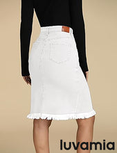 luvamia Women's Casual Mid Rise Button Down Frayed Raw Hem Fit Denim Jean Skirt
