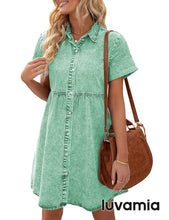 luvamia Women's Casual Short Sleeve Button Down Tiered Denim Babydoll Jean Dress
