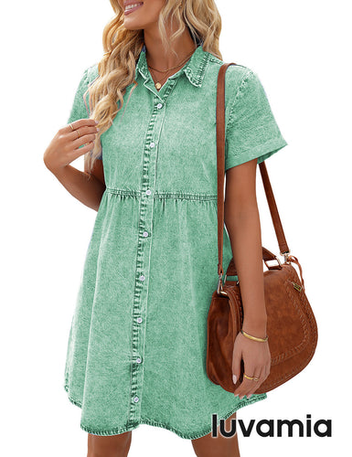 luvamia Women's Casual Short Sleeve Button Down Tiered Denim Babydoll Jean Dress