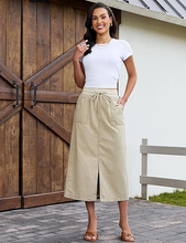 luvamia FleXclusive Jean Skirts for Women High Waisted Midi Denim Drawstring Elastic Waist Long Skirt with Pockets Front Slit