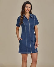 LUVAMIA Women's Short Sleeve Slim Tight Shirt-Neck Symmetrical Simple Versatile Denim Dress