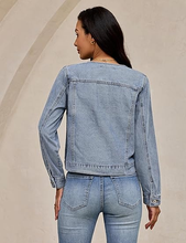 luvamia FleXclusive Women's Button Down Long Sleeves Crew Neck Denim Jacket