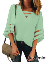 luvamia Women Casual Strappy V Neck Blouse 3/4 Bell Sleeve Mesh Panel Shirts Top