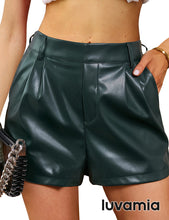 luvamia Faux Leather Shorts for Women High Waist Pleated Wide Leg Stretchy Shorts with Pockets Short PU Leather Pants