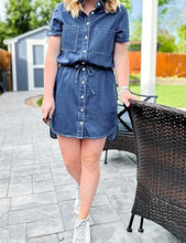 luvamia Women Casual Denim Dress Short Sleeve Tie Waist Classic Jean Shirt Dress