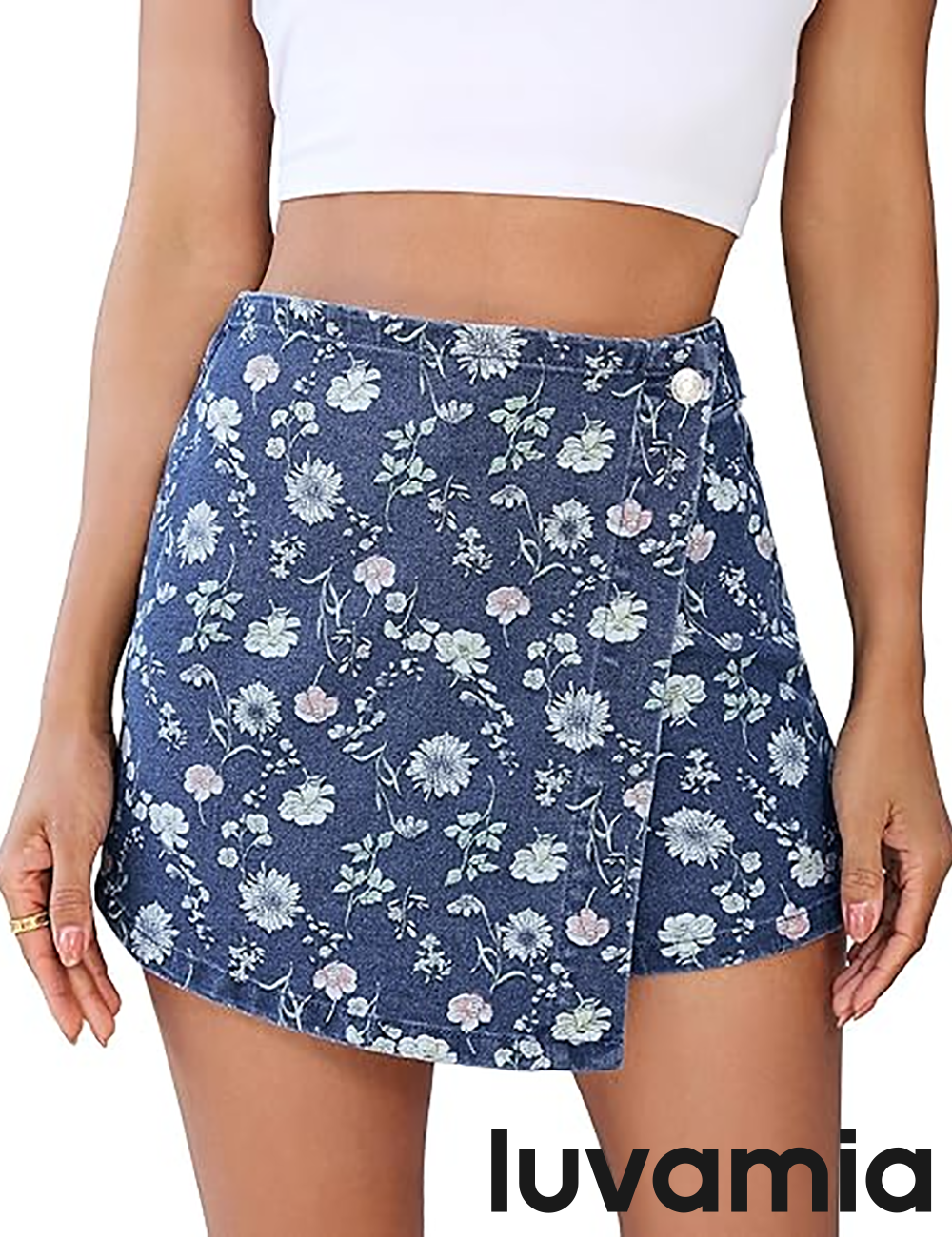 luvamia FleXclusive Denim Skorts for Woman Trendy Floral Print Faux Wrap Stretchy High Waisted Elasitc Waist Jean Shorts Skirt Skort