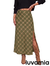 luvamia Plaid Maxi Skirts for Women Trendy A-Line Long Skirt with Side Slit Vintage Plaid Pattern, Back Elastic Waist, Flattering A-Line, High Waisted Skirts, Ankle-Length, Fall Outfits, Holiday Party