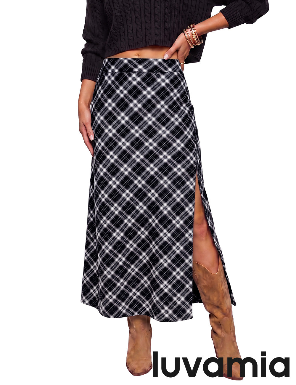 luvamia Plaid Maxi Skirts for Women Trendy A-Line Long Skirt with Side Slit Vintage Plaid Pattern, Back Elastic Waist, Flattering A-Line, High Waisted Skirts, Ankle-Length, Fall Outfits, Holiday Party