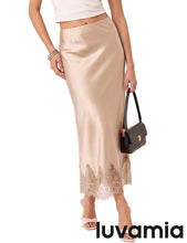luvamia Satin Maxi Skirt Elastic Waist Lace Trim Long Slip Skirts for Women Long Satin Skirt, Silky Fabric, Bias Cut, Easy Pull On Elastic Waistband, Straight Silhouette, Lace Hem Slip Skirt