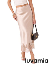 luvamia Satin Maxi Skirt Elastic Waist Lace Trim Long Slip Skirts for Women Long Satin Skirt, Silky Fabric, Bias Cut, Easy Pull On Elastic Waistband, Straight Silhouette, Lace Hem Slip Skirt