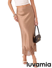 luvamia Satin Maxi Skirt Elastic Waist Lace Trim Long Slip Skirts for Women Long Satin Skirt, Silky Fabric, Bias Cut, Easy Pull On Elastic Waistband, Straight Silhouette, Lace Hem Slip Skirt