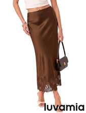 luvamia Satin Maxi Skirt Elastic Waist Lace Trim Long Slip Skirts for Women Long Satin Skirt, Silky Fabric, Bias Cut, Easy Pull On Elastic Waistband, Straight Silhouette, Lace Hem Slip Skirt