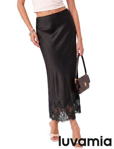 luvamia Satin Maxi Skirt Elastic Waist Lace Trim Long Slip Skirts for Women Long Satin Skirt, Silky Fabric, Bias Cut, Easy Pull On Elastic Waistband, Straight Silhouette, Lace Hem Slip Skirt