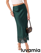 luvamia Satin Maxi Skirt Elastic Waist Lace Trim Long Slip Skirts for Women Long Satin Skirt, Silky Fabric, Bias Cut, Easy Pull On Elastic Waistband, Straight Silhouette, Lace Hem Slip Skirt
