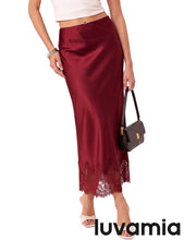 luvamia Satin Maxi Skirt Elastic Waist Lace Trim Long Slip Skirts for Women Long Satin Skirt, Silky Fabric, Bias Cut, Easy Pull On Elastic Waistband, Straight Silhouette, Lace Hem Slip Skirt