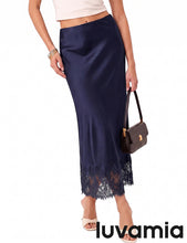 luvamia Satin Maxi Skirt Elastic Waist Lace Trim Long Slip Skirts for Women Long Satin Skirt, Silky Fabric, Bias Cut, Easy Pull On Elastic Waistband, Straight Silhouette, Lace Hem Slip Skirt