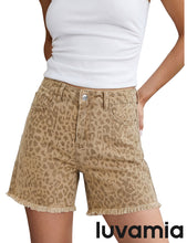 luvamia FleXclusive Jean Shorts for Women Trendy High Rise Mid Thigh Cheetah Leopard Print Raw Hem Stretch Denim Casual Summer Jorts